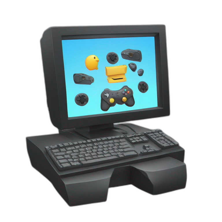 Desktop computer with hands playing with gaming controller emoji