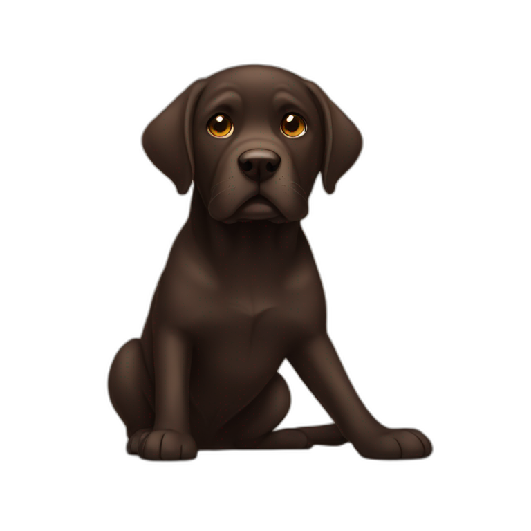 Chubby dark brown english lab, tired face, looking at you confused emoji