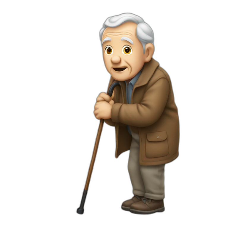 Old man leaning on a walking cane holding his back with the other hand emoji